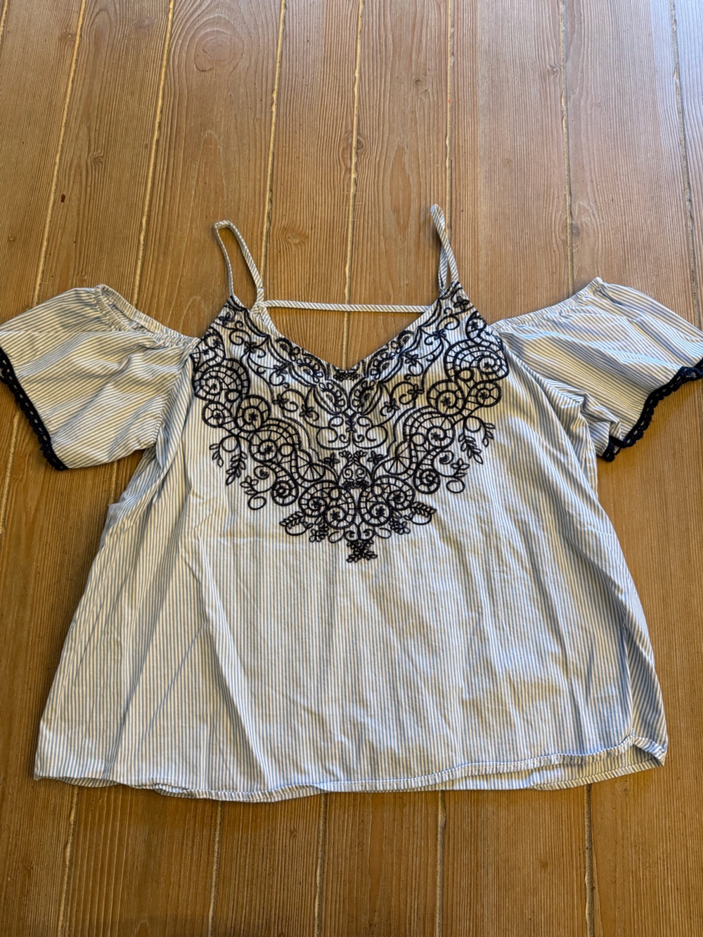 Francesca’s Cold-Shoulder Blue Stripe Top with Navy Embroidery